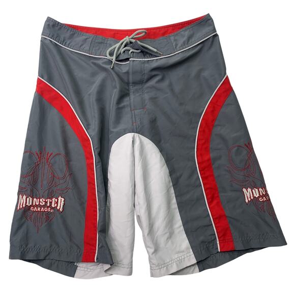 VTG Monster Garage Mens 34 Y2K Gray Red Logo Board Shorts Swim Trunks Suit - Picture 1 of 6